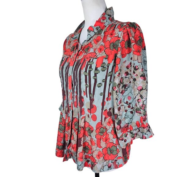 Johnny Was Floral Silk Blouse S Red Multi 3/4 Sleeves Pleated Peplum Flowy Boho - Picture 10 of 10